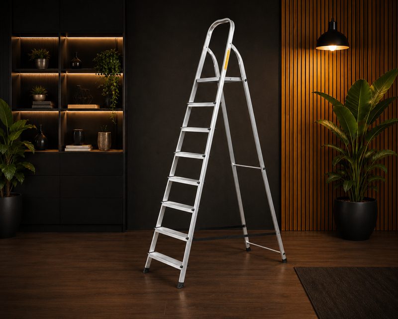 A silver aluminum step ladder stands open in a modern interior setting with dark wood floors, a black shelving unit on the left, and a slatted wood wall with a lamp and plant on the right.
