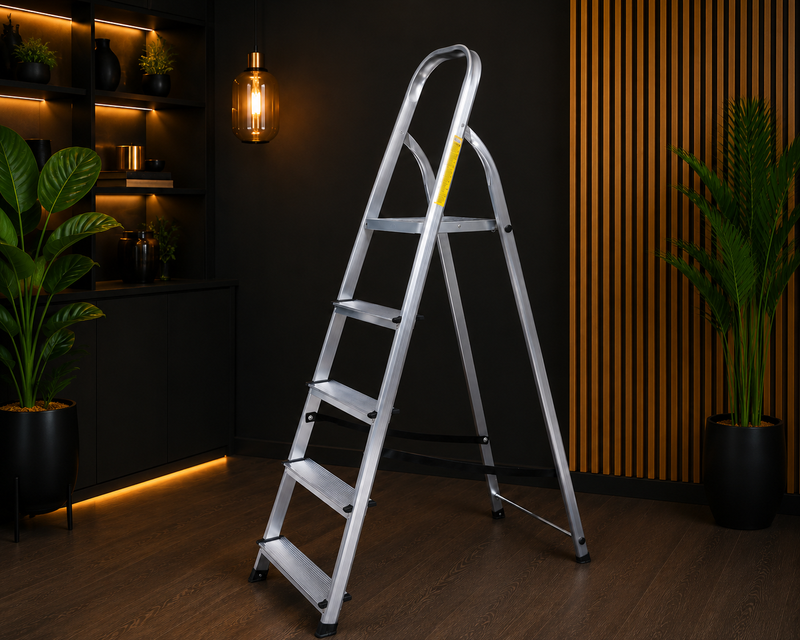 A silver aluminum step ladder with five steps and black rubber feet, standing in a modern room with dark walls, warm wood slat paneling, and potted plants.